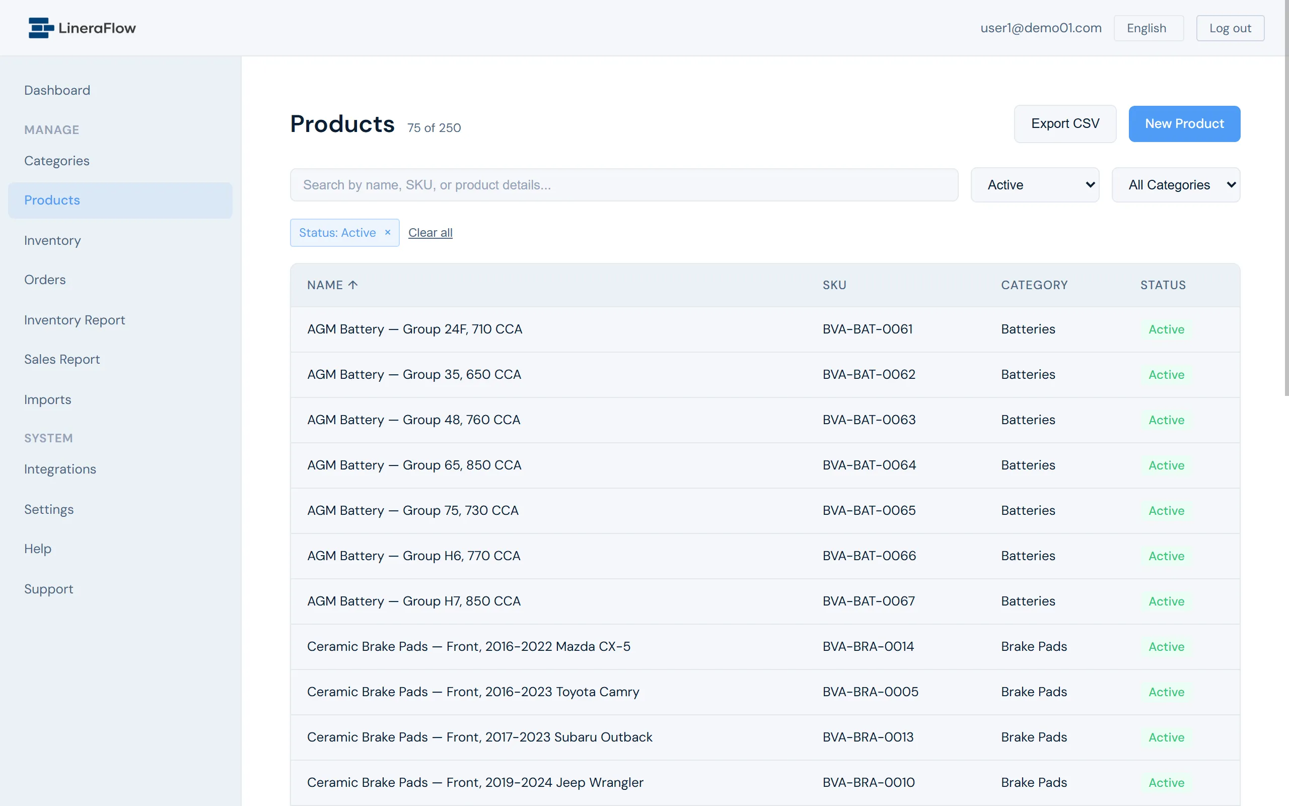 Lista de productos de LineraFlow con filtros de atributos específicos del sector